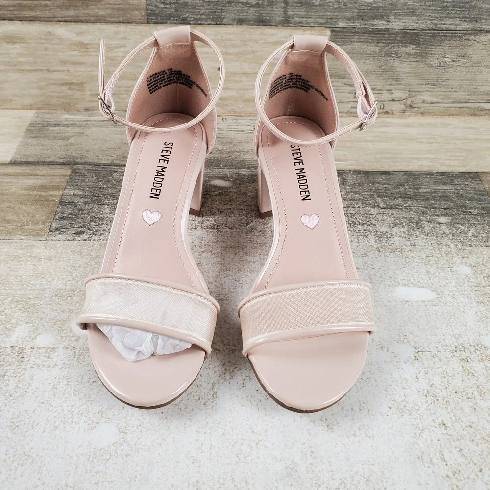 Steve Madden Carrson Girls Dress Sandals Sz 1 Blush Mesh Block Heel Ankle Strap